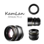 E-Electronic Kamlan lens 50mm F1.1 APS-C Large Aperture Manual Focus Lens Standard Fixed Focus APS-C Frame Mirrorless Lens Cameras lentille Camera Lens For Canon EOS-M NEX Fuji X M4/3 Cameras