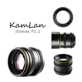 E-Electronic Kamlan lens 50mm F1.1 APS-C Large Aperture Manual Focus Lens Standard Fixed Focus APS-C Frame Mirrorless Lens Cameras lentille Camera Lens For Canon EOS-M NEX Fuji X M4/3 Cameras