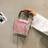 L-package Women PVC Transparent Handbag Tote Bamboo Handles Summer Beach Bag Bucket Shoulder Bag Crossbody Bag Cosmetic Shoulder Handbag