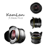 E-Electronic KamLan KL7.5MM F3.2 Fixed-focus APS-C frame mirrorless lens Large Aperture Fisheye Wide Angle Mirrorless Camera Lens M4/3-mount Wide Angle Lens Large Aperture Lens