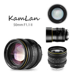 Kamlan 50mm F1.1 II APS-C Large Aperture Manual Focus Lens Standard fixed focus APS-C frame mirrorless lens for NEX for EOS-M for FUji M4/3 Cameras