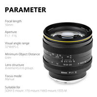 Kamlan 50mm F1.1 II APS-C Large Aperture Manual Focus Lens Standard fixed focus APS-C frame mirrorless lens for NEX for EOS-M for FUji M4/3 Cameras