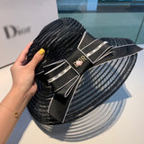 C-hat Dior Womens Big Bowknot Straw Hat Floppy Foldable Roll up Beach Cap Sun Hat UPF 50+