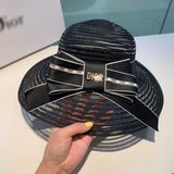C-hat Dior Womens Big Bowknot Straw Hat Floppy Foldable Roll up Beach Cap Sun Hat UPF 50+