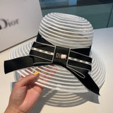 C-hat Dior Womens Big Bowknot Straw Hat Floppy Foldable Roll up Beach Cap Sun Hat UPF 50+