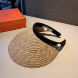 C-hat Hermès Summer Women Straw Visor Sun Hat Lady Empty Top Hats Wide Brim Beach Sun UV Protection Cap