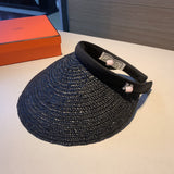 C-hat Hermès Summer Women Straw Visor Sun Hat Lady Empty Top Hats Wide Brim Beach Sun UV Protection Cap