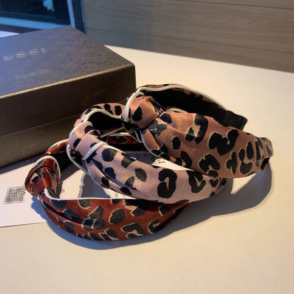 A-accessories GUCCI  Vintage Contrast Color Hairband Digital Printing Leopard Animal Textured Hair Hoop Twist Knotted Wide Face Headband