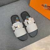 S-shoe H.e.r.m.e.s New Summer Slippers Letter Metal Buckle Flip Flops Genuine Leather Sandals Women Fashion Flats Shoes Ladies Slipper Women's Sandals Flat Slippers Non-slip Beach Shoes Casual Shoes Ladies Sandals