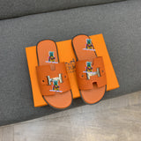 S-shoe H.e.r.m.e.s New Summer Slippers Letter Metal Buckle Flip Flops Genuine Leather Sandals Women Fashion Flats Shoes Ladies Slipper Women's Sandals Flat Slippers Non-slip Beach Shoes Casual Shoes Ladies Sandals