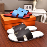 S-shoe H.e.r.m.e.s Spring Summer New Flat-bottom Wear Lazy Beach Toe Comfort Joker Slippers Women's Genuine Cow Leather Slippers Couple Indoor Non-slip Men Women Home Fashion Casual Single Shoes PVC Soft Soles