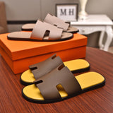 S-shoe H.e.r.m.e.s Spring Summer New Flat-bottom Wear Lazy Beach Toe Comfort Joker Slippers Women's Genuine Cow Leather Slippers Couple Indoor Non-slip Men Women Home Fashion Casual Single Shoes PVC Soft Soles