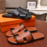 S-shoe H.e.r.m.e.s Spring Summer New Flat-bottom Wear Lazy Beach Toe Comfort Joker Slippers Women's Genuine Cow Leather Slippers Couple Indoor Non-slip Men Women Home Fashion Casual Single Shoes PVC Soft Soles