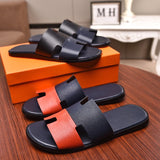 S-shoe H.e.r.m.e.s Spring Summer New Flat-bottom Wear Lazy Beach Toe Comfort Joker Slippers Women's Genuine Cow Leather Slippers Couple Indoor Non-slip Men Women Home Fashion Casual Single Shoes PVC Soft Soles