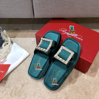 S-shoe R.o.g.e.r V.i.v.i.e.r New Summer Woman Slippers Shoes Round Head Flat-bottom Ling Rhinestone Slippers Beach Crystal Flip Flops Slides Slippers Women Summer Beach Slides Shoes Rhinestones Shoes Sandals Ladies Slides