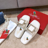 S-shoe R.o.g.e.r V.i.v.i.e.r New Summer Woman Slippers Shoes Round Head Flat-bottom Ling Rhinestone Slippers Beach Crystal Flip Flops Slides Slippers Women Summer Beach Slides Shoes Rhinestones Shoes Sandals Ladies Slides