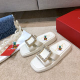 S-shoe R.o.g.e.r V.i.v.i.e.r New Summer Woman Slippers Shoes Round Head Flat-bottom Ling Rhinestone Slippers Beach Crystal Flip Flops Slides Slippers Women Summer Beach Slides Shoes Rhinestones Shoes Sandals Ladies Slides