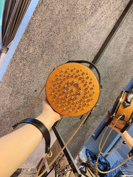 M-Handbag M.C.M 19-9cm Women's Round Cross-Body Zipper Shoulder Bag Soft Leather circle purses and handbags