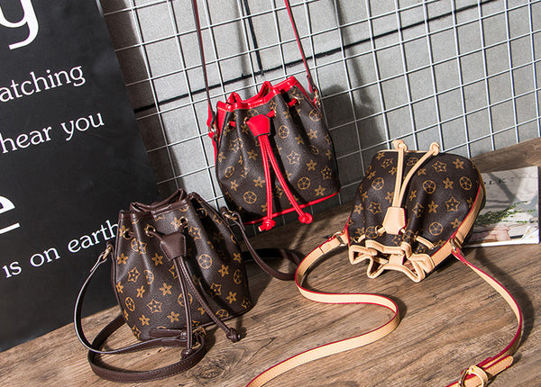 L-package 18-12-18cm Drawstring Bucket Bag for Women Cowhide Leather Crossbody Purse Shoulder Bag