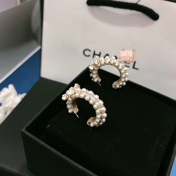 J-jewelry Chanel Fashion Lady Gold Freshwater Pearl Stud Earrings Double Sided Round White Pearl Earrings Perforated Jewelry