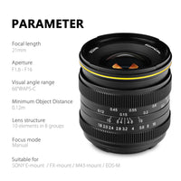 E-Electronic KAMLAN New Product KL21MM F1.8 Wide-angle Fixed Focus APS-C Frame Mirrorless lens Portable Waterproof Mirrorless Camera Manual Fix Focus Prime Lens for Canon EOS-M for Sony E for Fuji FX/ M4/3