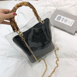 L-package Women PVC Transparent Handbag Tote Bamboo Handles Summer Beach Bag Bucket Shoulder Bag Crossbody Bag Cosmetic Shoulder Handbag