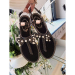S-shoe R.e.n.e C.a.o.v.i.l.l.a Women's Beaded Flat Sandals Pearl Beach Toe Ring Casual Bohemia Summer Sandals