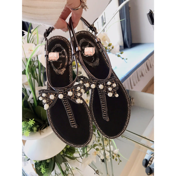S-shoe R.e.n.e C.a.o.v.i.l.l.a Women's Beaded Flat Sandals Pearl Beach Toe Ring Casual Bohemia Summer Sandals