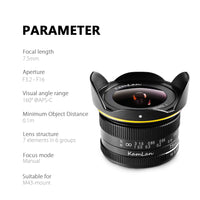 E-Electronic KamLan KL7.5MM F3.2 Fixed-focus APS-C frame mirrorless lens Large Aperture Fisheye Wide Angle Mirrorless Camera Lens M4/3-mount Wide Angle Lens Large Aperture Lens