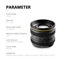 E-Electronic Kamlan lens 50mm F1.1 APS-C Large Aperture Manual Focus Lens Standard Fixed Focus APS-C Frame Mirrorless Lens Cameras lentille Camera Lens For Canon EOS-M NEX Fuji X M4/3 Cameras