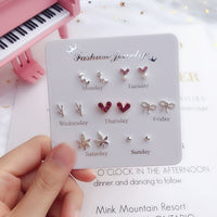 7 Pairs/set Of Simple One Week Earrings Set Fashion Earrings Combination Set Female Love Star Moon Flower Simple Cute Stud Earrings Jewelry