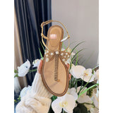 S-shoe R.e.n.e C.a.o.v.i.l.l.a Women's Beaded Flat Sandals Pearl Beach Toe Ring Casual Bohemia Summer Sandals