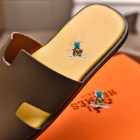 S-shoe H.e.r.m.e.s Spring Summer New Flat-bottom Wear Lazy Beach Toe Comfort Joker Slippers Women's Genuine Cow Leather Slippers Couple Indoor Non-slip Men Women Home Fashion Casual Single Shoes PVC Soft Soles