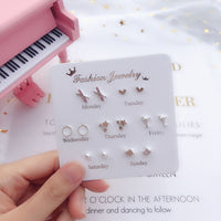 7 Pairs/set Of Simple One Week Earrings Set Fashion Earrings Combination Set Female Love Star Moon Flower Simple Cute Stud Earrings Jewelry