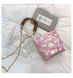 L-package Women PVC Transparent Handbag Tote Bamboo Handles Summer Beach Bag Bucket Shoulder Bag Crossbody Bag Cosmetic Shoulder Handbag
