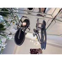 S-shoe R.e.n.e C.a.o.v.i.l.l.a Women's Beaded Flat Sandals Pearl Beach Toe Ring Casual Bohemia Summer Sandals