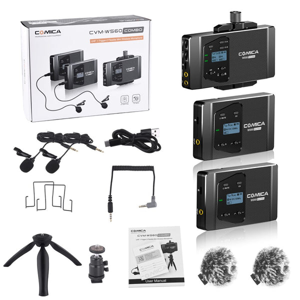 E-electronic XINPU COMICA CVM-WS60 Combo 1-Trigger-2 Dual Transmitter and one Receiver Flexible Mini Wireless Microphone Universal for Camera
