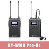 E-electronic XINPU New BOYA BY-WM8 Pro-K1/K2 UHF Wireless Microphone (Transmitter+Receiver) 48 Channels Lapel Mic System with LCD Screen for DSLR Camera Camcorder iPhone Samsung Youtube Street Interview Livesteam Vblog