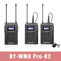 E-electronic XINPU New BOYA BY-WM8 Pro-K1/K2 UHF Wireless Microphone (Transmitter+Receiver) 48 Channels Lapel Mic System with LCD Screen for DSLR Camera Camcorder iPhone Samsung Youtube Street Interview Livesteam Vblog