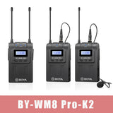 E-electronic XINPU New BOYA BY-WM8 Pro-K1/K2 UHF Wireless Microphone (Transmitter+Receiver) 48 Channels Lapel Mic System with LCD Screen for DSLR Camera Camcorder iPhone Samsung Youtube Street Interview Livesteam Vblog