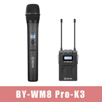 E-electronic XINPU New BOYA BY-WM8 Pro-K1/K2 UHF Wireless Microphone (Transmitter+Receiver) 48 Channels Lapel Mic System with LCD Screen for DSLR Camera Camcorder iPhone Samsung Youtube Street Interview Livesteam Vblog