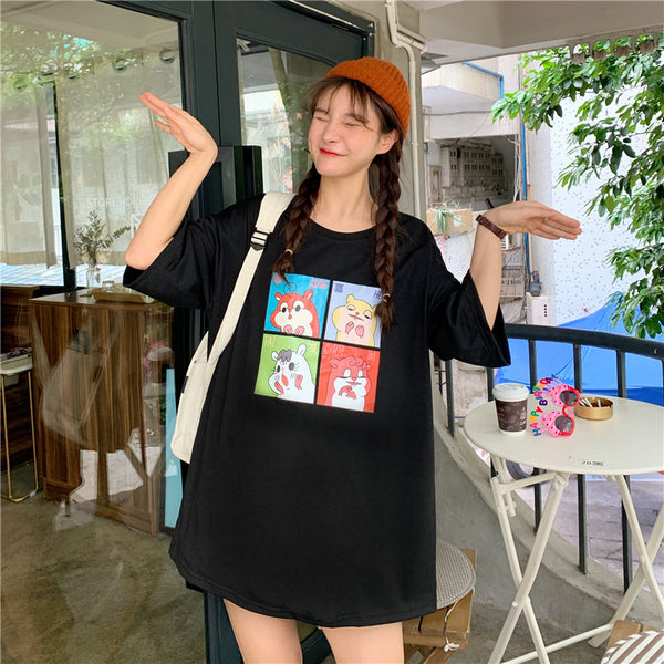 Cartoon Korean Oversized T-shirts Women Short Sleeve Hamster Shirts women Retro Loose Pullover Tops