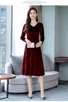 Velvet Classic Elegance Long Sleeve Maxi Dress Fall Women V Neck Tunic Long Autumn Vintage Long Swing Dress
